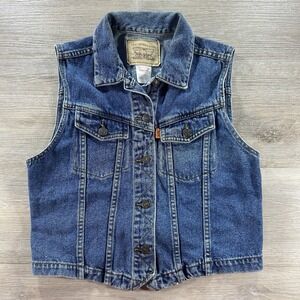 VTG 80s Levis Denim Vest Women XL Dark Blue Sleeveless Jean Jacket Orange Tab